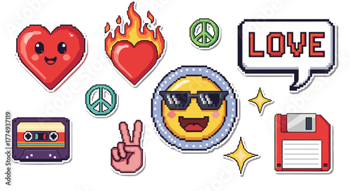 Retro pixel art sticker pack featuring a lovely emoji with sunglasses, a burning heart, a heart with a happy face, peace signs, a cassette tape, a floppy disk, and sparkling stars, all in a vibrant