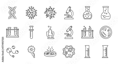A comprehensive collection of biology and science line icons, featuring a double helix DNA strand, various virus illustrations, laboratory equipment like microscopes, test tubes, flasks, petri