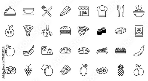 A diverse collection of food icons, featuring meals, restaurant elements, various dishes, and fresh fruits, presented as a vector illustration with an ordered line icon set on a clean white