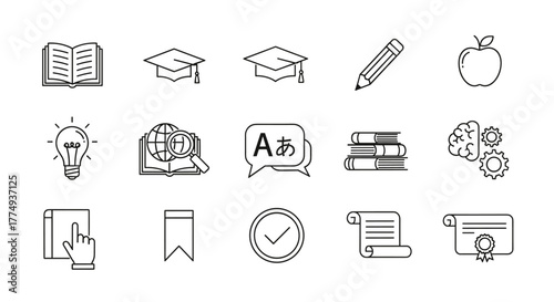 A comprehensive collection of line art icons representing education, study, reading, learning, language skills, and academic achievement, including books, graduation caps, a lightbulb for ideas, a