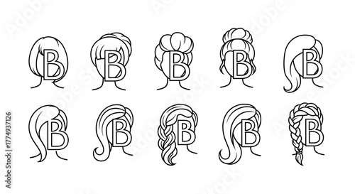 Elegant vector cartoon illustration of a beautiful woman with a stylish hairstyle, featuring a minimalist letter 'B' logo design. This clean, ordered set of line icons is perfect for beauty brands