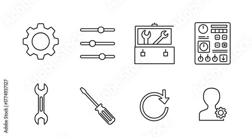 Set of outline vector icons representing general settings, including a gear, sliders, control panel, toolbox with wrenches, screwdriver, system update symbol, and user preferences with a gear icon