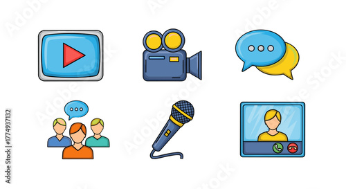 Vibrant and colorful vector cartoon illustration set featuring icons for video playback, filmmaking, online chat, group discussions, microphone, and video conferencing, perfect for technology and