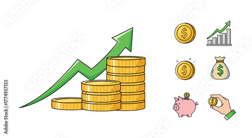 Vibrant vector illustration depicting stacks of gold coins and a rising green financial growth arrow, symbolizing economic prosperity and investment success, alongside supplementary icons of a piggy