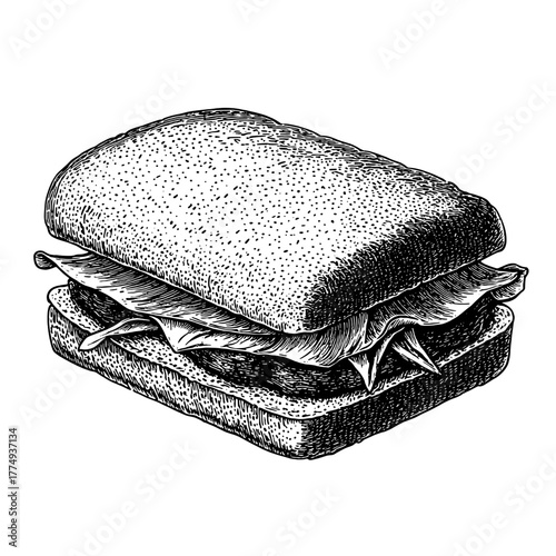 Engraved illustration of a delicious sandwich with layered toppings in a classic style