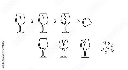 Set of minimalistic linear icons depicting a wine glass breaking in stages, from a small crack to shattering into pieces, symbolizing fragility, accidents, or the end of something. This vector