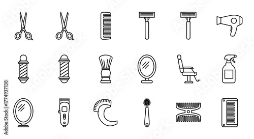 Collection of Haircut Related Line Icons, Featuring Scissors Outline Signs for Graphic and Web Design, Apps, Advertisements, Various Cards, and Vector Cartoon Illustrations on a Black Background