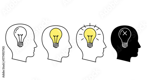 Conceptual illustration depicting the evolution of an idea within a human head, from initial concept to a bright, illuminated thought, and finally to a failed or extinguished idea, represented by