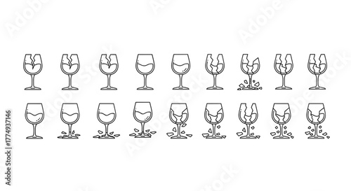 Collection of minimalistic linear icons depicting a broken wine glass, showcasing various stages of shattering and liquid spillage, presented in a clean, modern line art style suitable for web