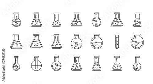 Set of minimalistic thin outline laboratory flasks and beakers with bubbles, isolated on a black background. This collection of scientific glassware icons is perfect for web design, graphic design
