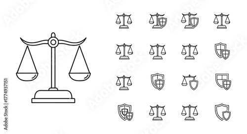 Collection of outline icons representing justice, law, and security, featuring scales of justice and shields, perfect for graphic design, web development, app interfaces, advertising, and various