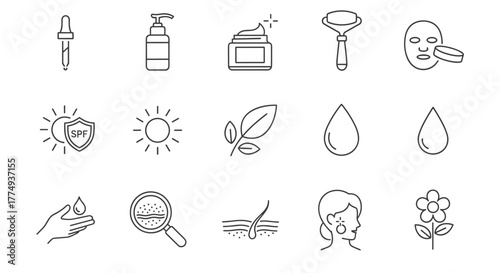 A collection of thin line icons representing skincare and beauty treatments, including a dropper, lotion dispenser, cream jar, jade roller, face mask, SPF shield, sun, leaves, water drops, hand with
