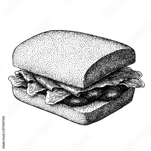 Delight in a vintage engraved illustration of a delicious sandwich featuring layers of fresh ingredients and soft bread