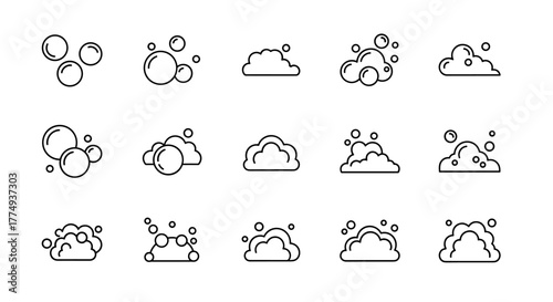 Set of twelve minimalistic outline icons representing bubbles and foam, perfect for web design, graphic design, apps, banners, social networks, and cards. This vector cartoon illustration collection