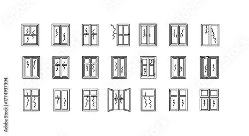 Collection of minimalistic line art icons representing various broken windows, presented on a stark black background, ideal for web design, graphic applications, banners, social networks, and card