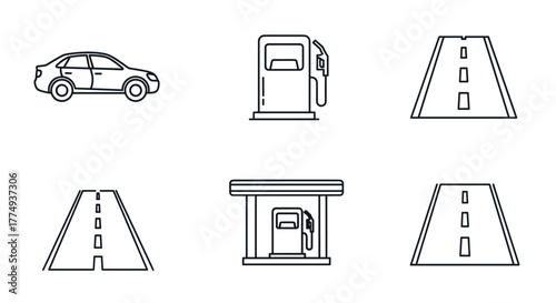 Set of outline icons representing transportation and services, including a car, a gas pump, a covered gas station, and multiple road segments with dashed lines, perfect for graphic design, web