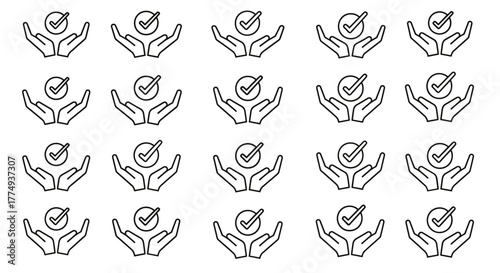 Seamless pattern of a line art icon representing a checkmark within a circle, held gently by open hands, symbolizing approval, verification, and care. This versatile graphic is ideal for web design