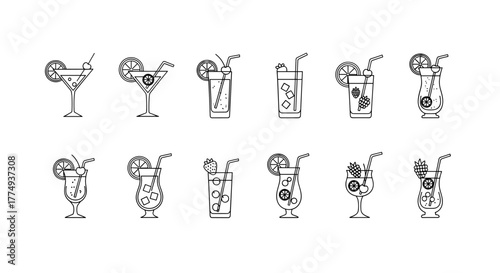 Collection of 12 minimalist thin line icons representing various cocktails garnished with fruits like lemon slices and berries, served with straws in different glass types, perfect for web, graphic