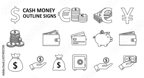 Collection of outline icons representing cash and money, including dollar, euro, and yen symbols, stacks of coins, wallets, credit cards, piggy bank, money bag, and safe. This editable stroke vector