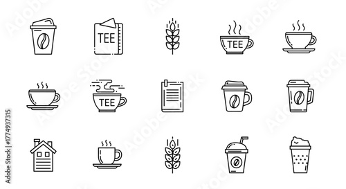 Collection of linear icons representing coffee and tea beverages, featuring disposable cups with coffee beans, steaming mugs labeled 'TEE', wheat grains, and a stylized house, all rendered in a