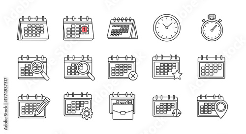 Calendar line icon pack, outline signs for graphic and web design, apps, adverts, various cards, vector cartoon illustration. Includes icons for planning, scheduling, deadlines, reminders, search
