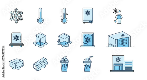 Collection of minimalistic thin line icons representing cold storage and freezing elements, including snowflakes, thermometers, ice cubes, refrigerators, frozen drinks, and storage facilities