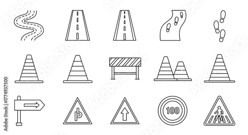 Collection of thin line icons representing road elements, traffic cones, warning signs, and footprints, perfect for graphic design, web development, app interfaces, advertising, and various