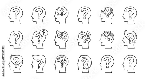 Collection of stylized head silhouettes filled with question marks, symbolizing confusion, inquiry, and the search for answers, presented on a clean white background for versatile graphic design