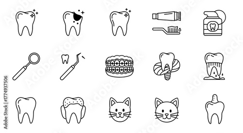 Set of teeth-related line icons, outline signs for graphic and web design, apps, adverts, various cards, vector cartoon illustration with a white background. Includes healthy teeth, decayed teeth