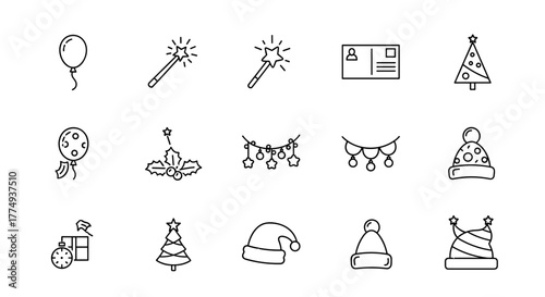 Set of holiday-related line icons with editable stroke for design, websites, apps, and cards, featuring linear images of balloons, magic wands, postcards, Christmas trees, holly, garlands, and hats