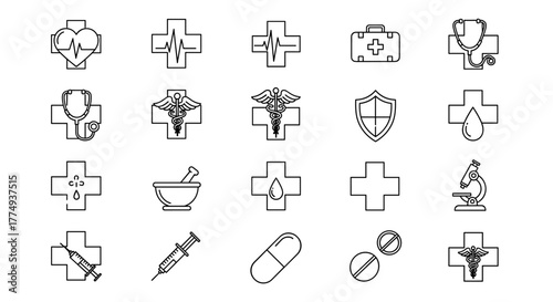 A comprehensive set of medical cross-related line icons, featuring outline signs perfect for graphic and web design, app interfaces, advertisements, and various card designs. This vector cartoon