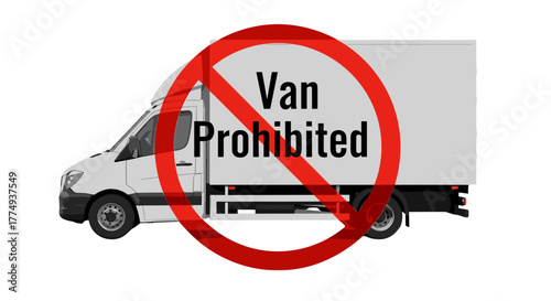 White delivery van with a red prohibition sign overlaid, indicating 'Van Prohibited', perfect for graphic design, web, apps, adverts, and various cards, presented as a vector cartoon illustration on