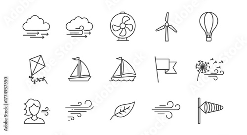 Set of line icons representing wind and air phenomena, including clouds with wind, a fan, a windmill, a hot air balloon, a kite, sailboats, a flag, a dandelion with seeds blowing, a person in the