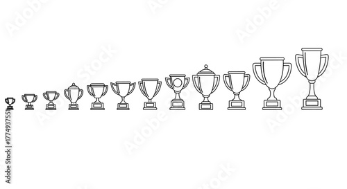 Collection of outline trophy cups in ascending size, representing achievement, success, and competition, perfect for infographics, articles, books, flyers, and banners, presented as a vector cartoon