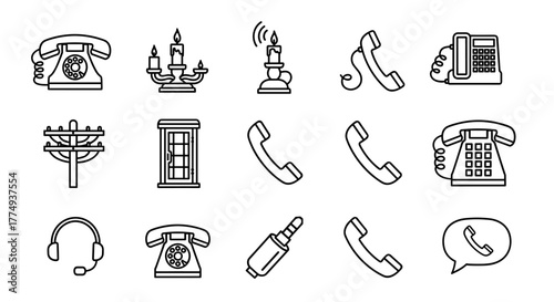 Vintage Phone Line Icon Bundle: A collection of outline signs for graphic and web design, apps, adverts, and various cards, featuring classic rotary phones, modern landlines, telephone receivers, a
