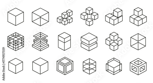 Collection of various cube outlines in isometric perspective, featuring single cubes, stacked cubes, and complex geometric arrangements, perfect for infographics, articles, books, flyers, and