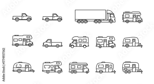 Collection of outline vector icons showcasing various types of trucks, motorhomes, and campers, perfect for graphic design, web development, app interfaces, advertising materials, and diverse card