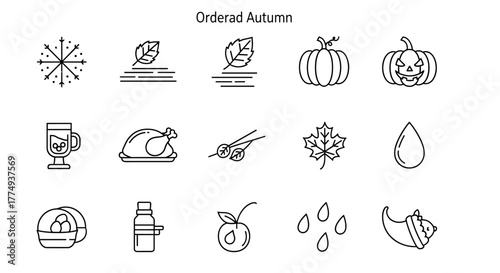 Autumn icon set featuring seasonal elements like fall, Halloween, Thanksgiving Day, pumpkin, turkey, falling leaves, mulled wine, maple leaf, rain, and more, perfect for holiday and seasonal designs.