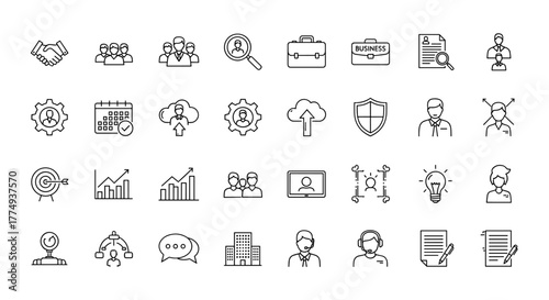 A comprehensive set of thin line web icons representing various aspects of business, human resources, and office management, including handshake, team, search, briefcase, document, gear, calendar