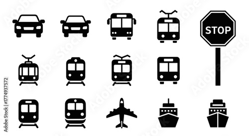Collection of transport silhouettes including cars, buses, trams, trains, metro, airplanes, and ships, along with a stop sign, representing various modes of public and private transportation for