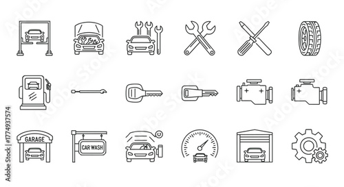 A collection of clean, white line art icons representing various car service and garage elements, isolated on a black background. Includes icons for car lifts, engines, tires, wrenches, screwdrivers