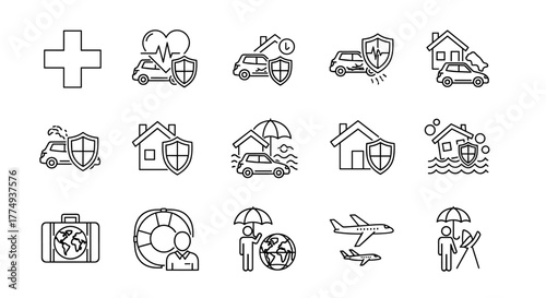 Collection of line art insurance icons representing various coverage situations including medical, car, home, flood, life, and travel insurance, symbolizing protection and security against accidents