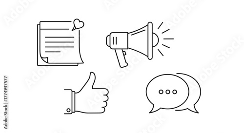 Set of outline icons representing motivational messages and communication: a sticky note with a heart, a megaphone for shouting announcements, a thumbs-up gesture for approval, and speech bubbles for