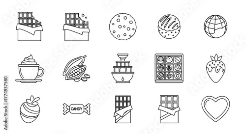 Set of Chocolate Outline Icons: A collection of editable stroke line icons representing various chocolate treats, including bars, cookies, hot chocolate, cocoa beans, a chocolate fountain, assorted