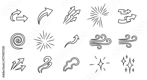 Dynamic hand-drawn line art elements depicting swirling wind, sparkling effects, and expressive anime-style emotions, perfect for adding emphasis and movement to designs, featuring arrows and