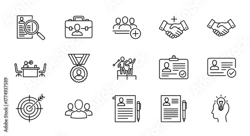 Recruitment and HR Vector Icon Set: A comprehensive collection of line art icons representing key aspects of human resources, hiring, candidate selection, interviews, career development, employee