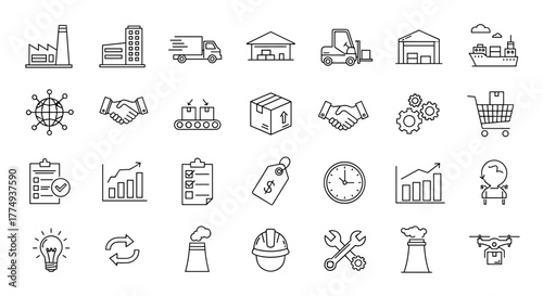 Set of outline icons representing supply chain, value chain, logistics, delivery, manufacturing, and commerce, including factories, trucks, warehouses, forklifts, ships, global networks, handshakes