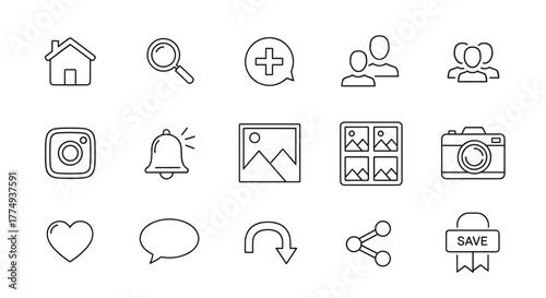 Collection of minimalist outline icons for social media, featuring essential elements like home, search, add, followers, notifications, photo gallery, camera, heart, chat bubble, undo, share, and