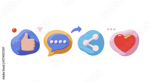 Vivid 3D social media icons set featuring a thumbs-up, comment bubble, share symbol, and heart icon, presented in a cartoon illustration style with a clean white background, perfect for digital