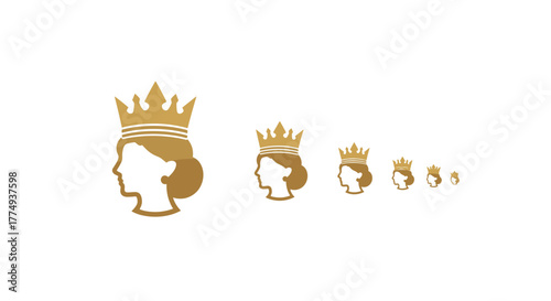 Golden Queen Silhouette Logo Design: A Set of Scaled Icons Representing Royalty and Power, Perfect for Branding and Design Projects. This Vector Illustration Features Elegant Profiles with Crowns on